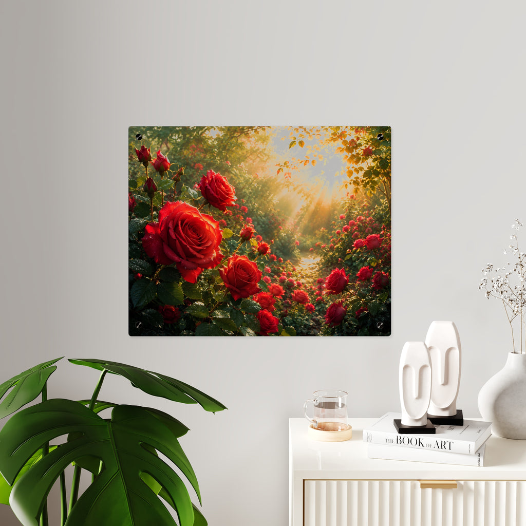Red Roses at Sunrise Acrylic Wall Art Panel — Elegant Floral Wall Art, Romantic Decor for Living Room, Bedroom or Office, Available in 14" x 11" and 20" x 16", Shipping Included in the Price