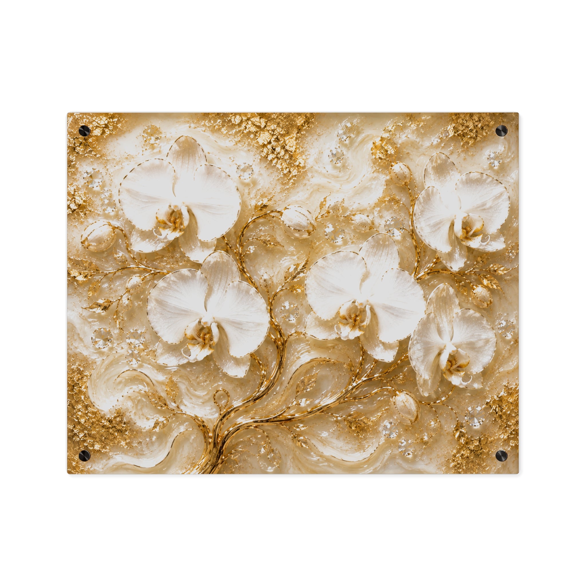 Gold Orchid Acrylic Wall Art Panel  Elegant Luxe Floral Wall Decor, Modern Decoration for Living Room, Bedroom or Office, Available in 14" x 11" and 20" x 16", Shipping Included in the Price