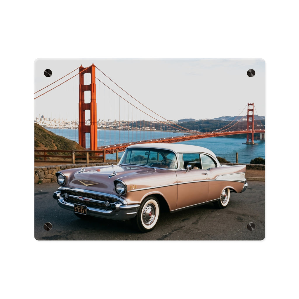 Panel de arte de pared acrílico clásico de coche antiguo, Chevrolet de los años 50 con el puente Golden Gate, impresión acrílica de pared premium, disponible en 14x11 y 20x16, envío incluido