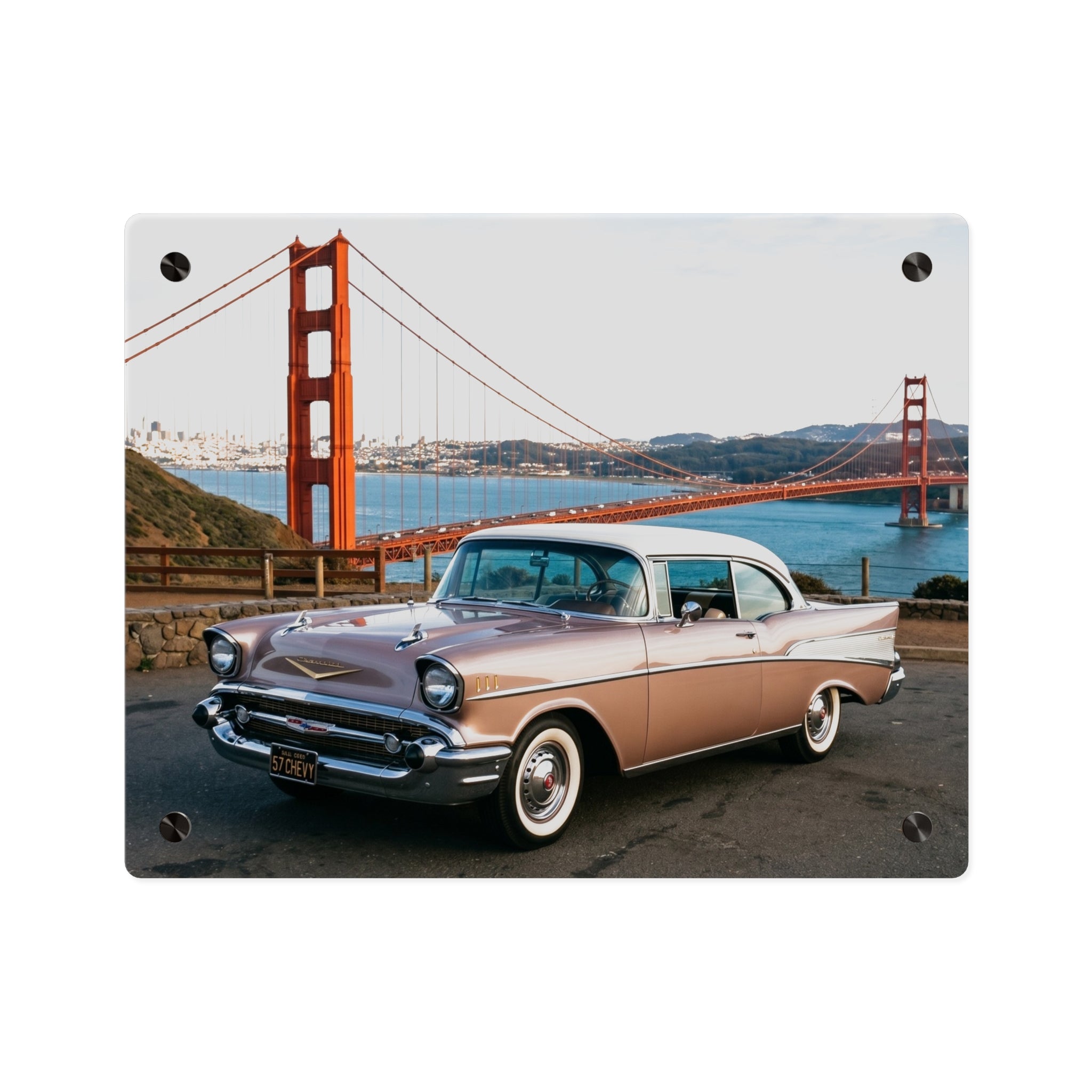 Classic Vintage Car Acrylic Wall Art Panel, 1950s Chevrolet with Golden Gate Bridge, Premium Acrylic Wall Print, Available in 14x11 and 20x16, Shipping Included