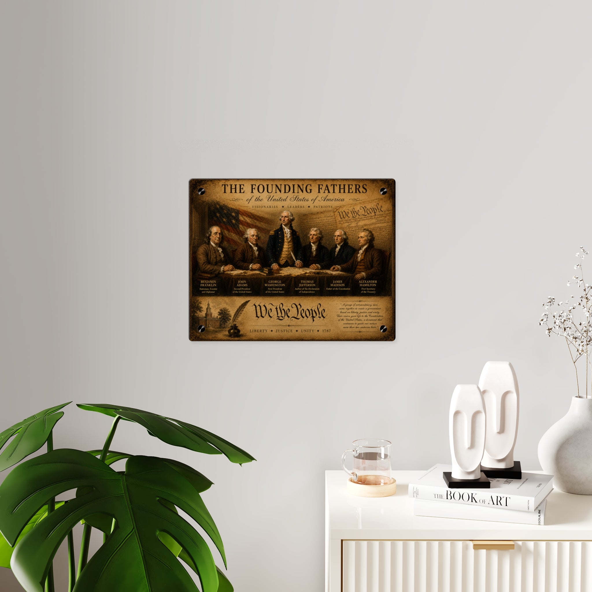 “The Founding Fathers” Acrylic Wall Art Panel with Silver Mounting Buttons — Historical Decorative Art with Floating Effect, Available in 14"x11" and 20"x16", Shipping Included in the Price