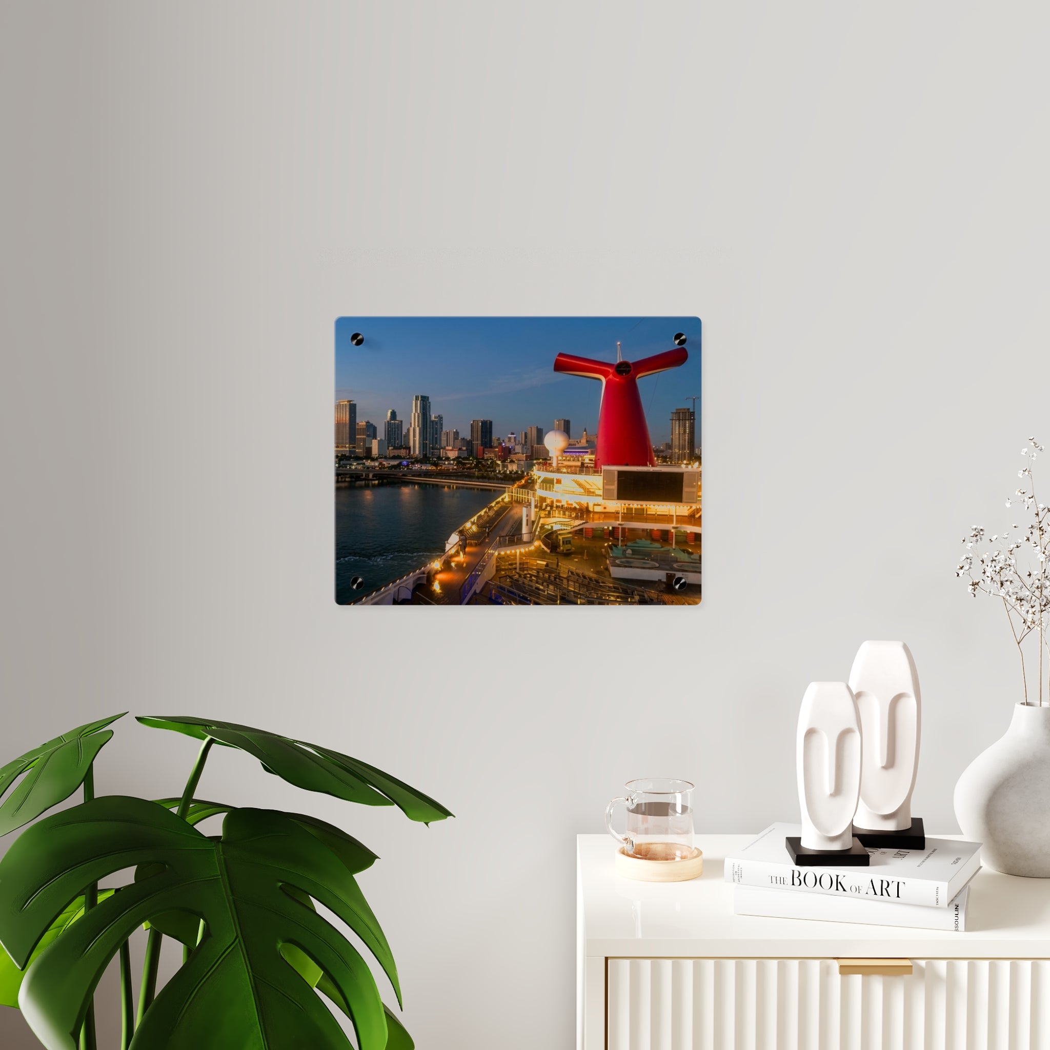 Panoramic Acrylic Wall Art Panel of Miami at Sunrise — Urban Skyline, Bay View and Nautical-Inspired Decor, Silver Mounting Buttons with Floating Effect, Available in 14"x11" and 20"x16", Shipping...
