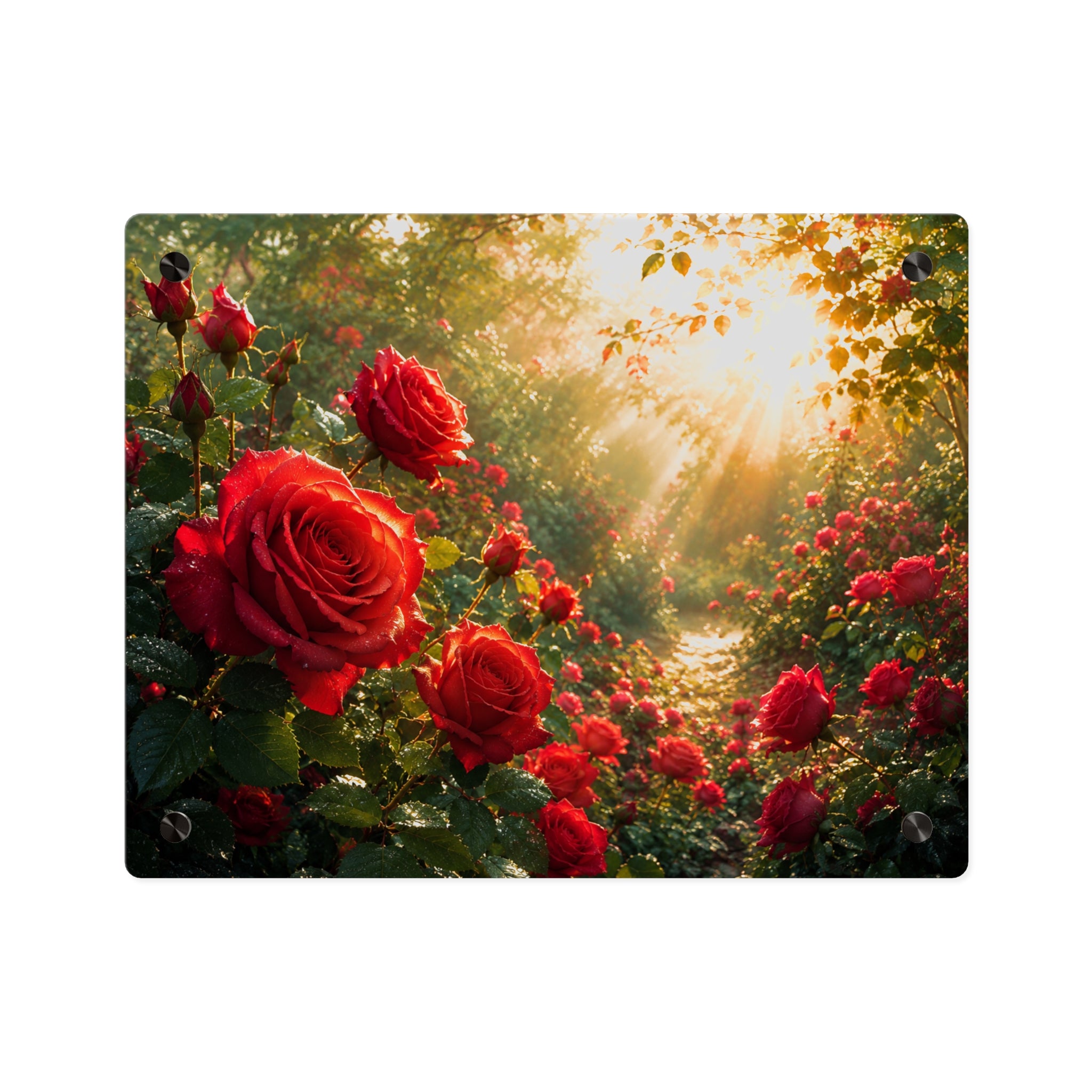 Red Roses at Sunrise Acrylic Wall Art Panel — Elegant Floral Wall Art, Romantic Decor for Living Room, Bedroom or Office, Available in 14" x 11" and 20" x 16", Shipping Included in the Price