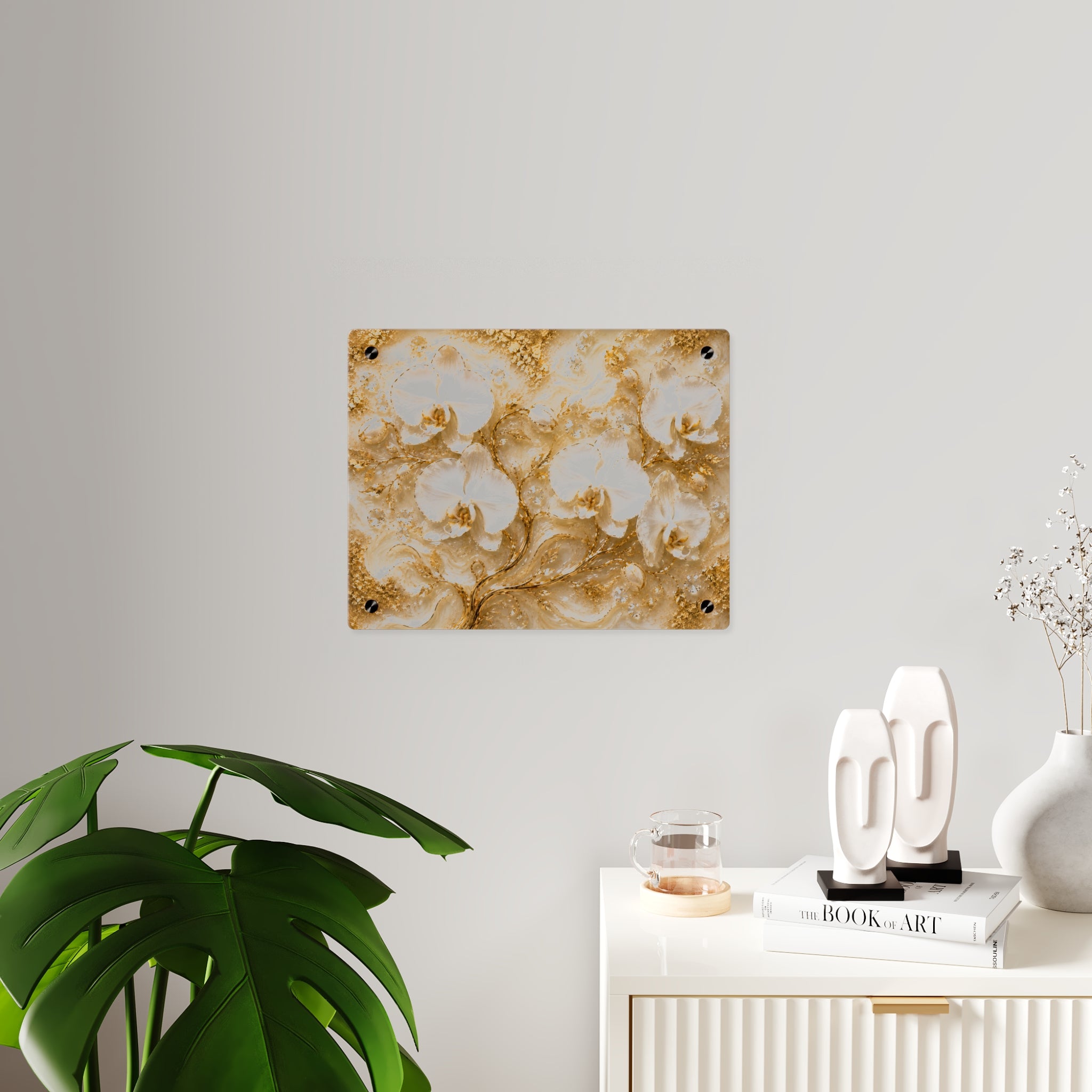 Gold Orchid Acrylic Wall Art Panel  Elegant Luxe Floral Wall Decor, Modern Decoration for Living Room, Bedroom or Office, Available in 14" x 11" and 20" x 16", Shipping Included in the Price