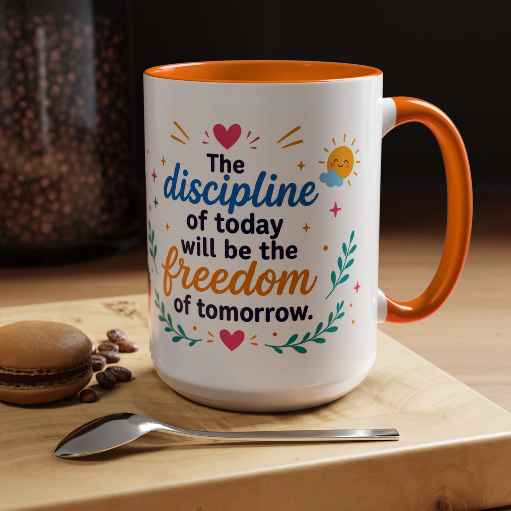 Inspirational Ceramic Mug in English — “The Discipline of Today Will Be the Freedom of Tomorrow,” Motivational Mug Available in 11 oz and 15 oz, Multiple Colors Available, Ideal Gift for Students,...