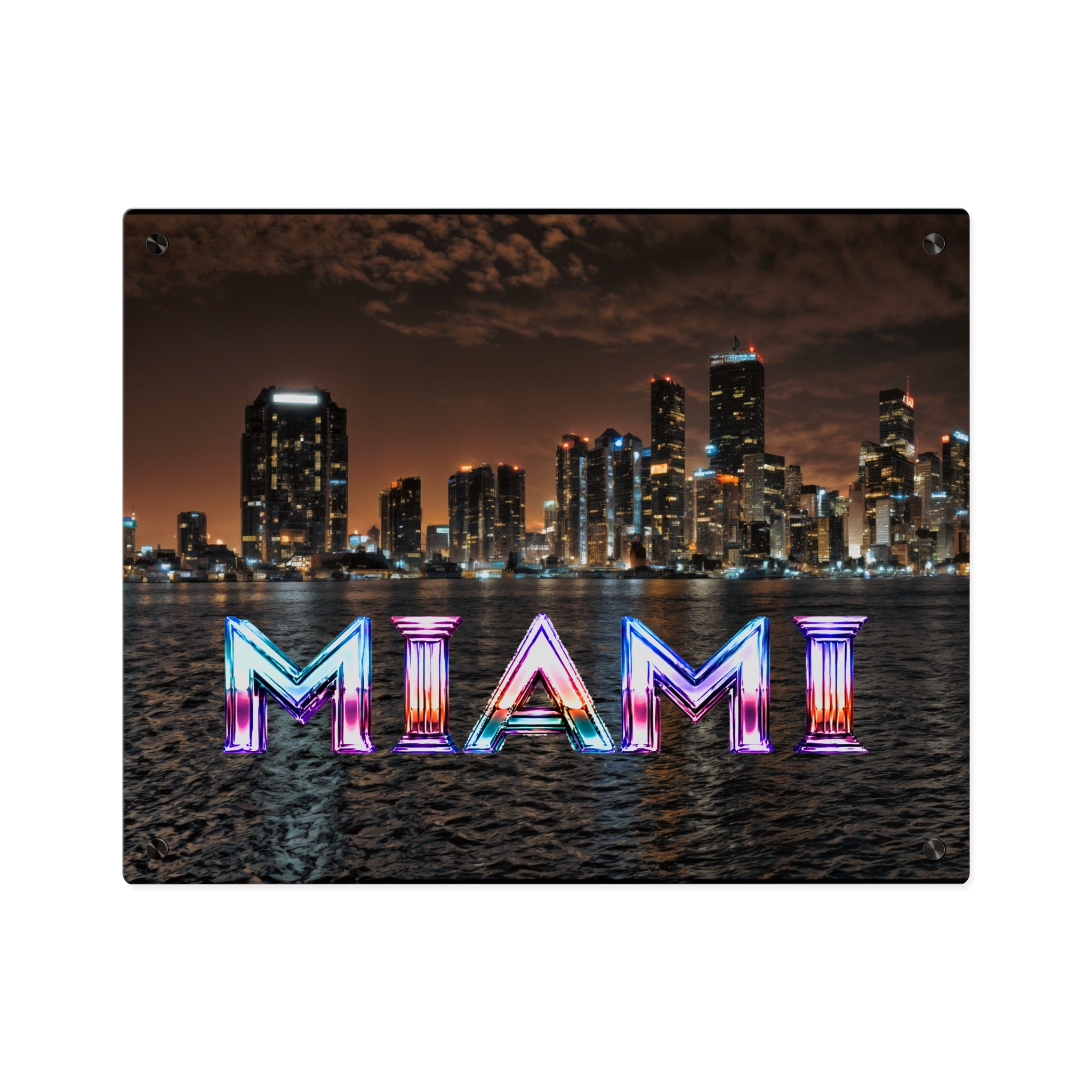 Miami Neon Skyline Acrylic Wall Art Panel, Colorful Cityscape Home Décor, Premium Acrylic Print, Available in 14x11 and 20x16, Shipping Included