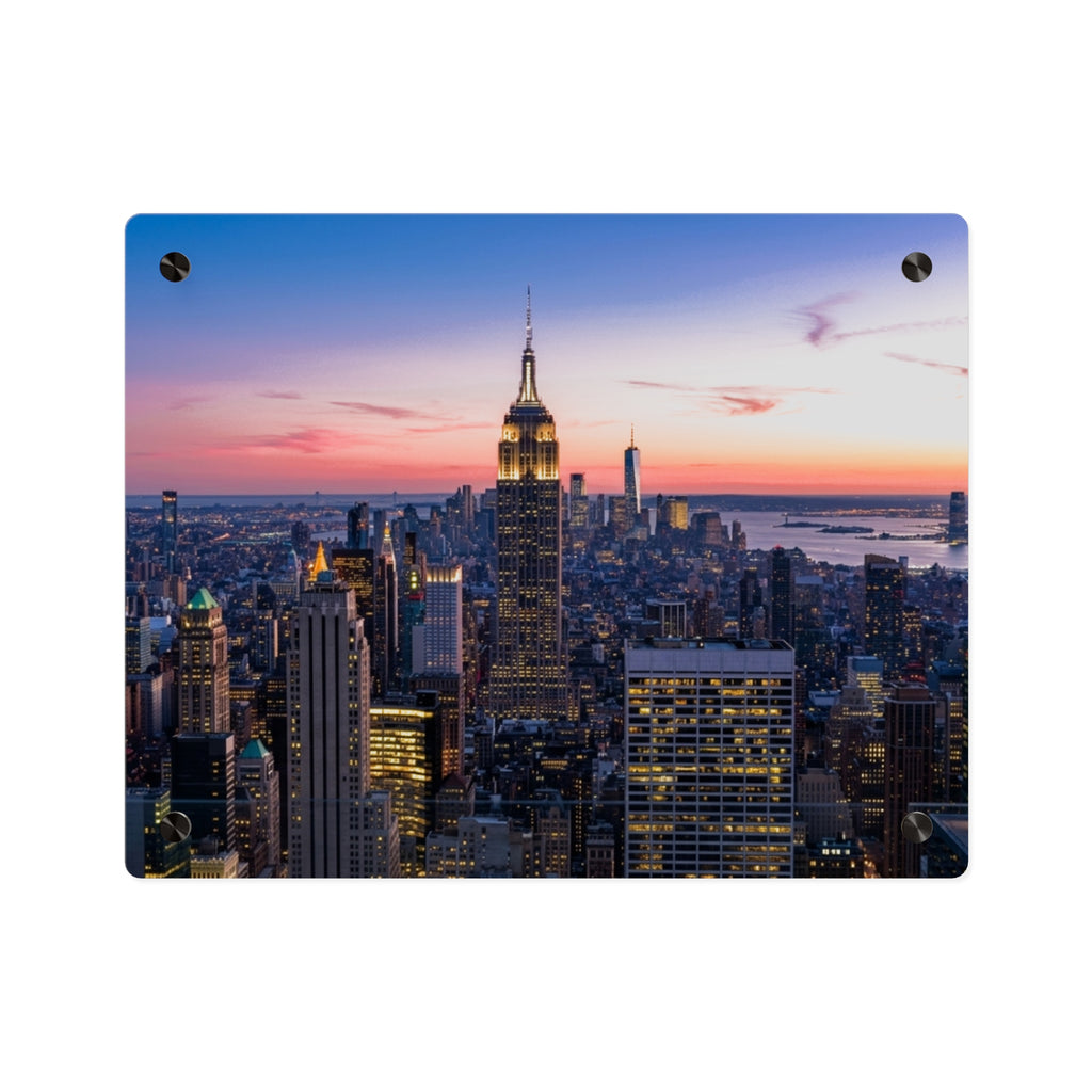 New York City Sunset Acrylic Wall Art Panel, Premium NYC Skyline Home Décor, Modern Cityscape Acrylic Print with Stand-Off Mounting, Available in 14x11 and 20x16, Shipping Included