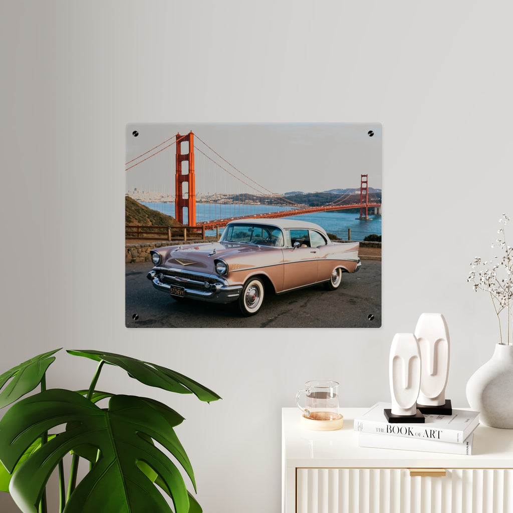 Panel de arte de pared acrílico clásico de coche antiguo, Chevrolet de los años 50 con el puente Golden Gate, impresión acrílica de pared premium, disponible en 14x11 y 20x16, envío incluido