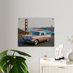 Panel de arte de pared acrílico clásico de coche antiguo, Chevrolet de los años 50 con el puente Golden Gate, impresión acrílica de pared premium, disponible en 14x11 y 20x16, envío incluido