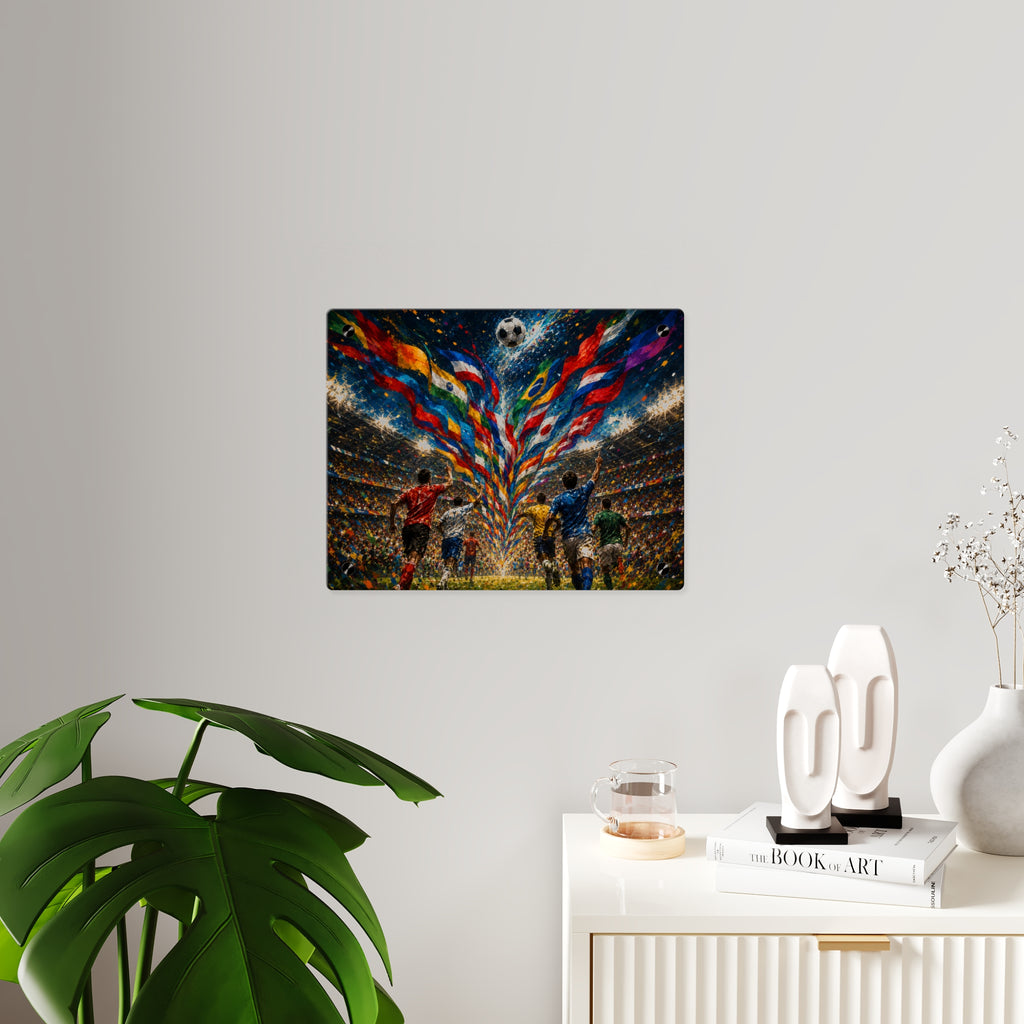 “World Soccer Passion” Acrylic Wall Art Panel — Sports Art with International Flags, Illuminated Stadium and Celebration Energy, Silver Mounting Buttons with Floating Effect, Available in 14"x11" and...