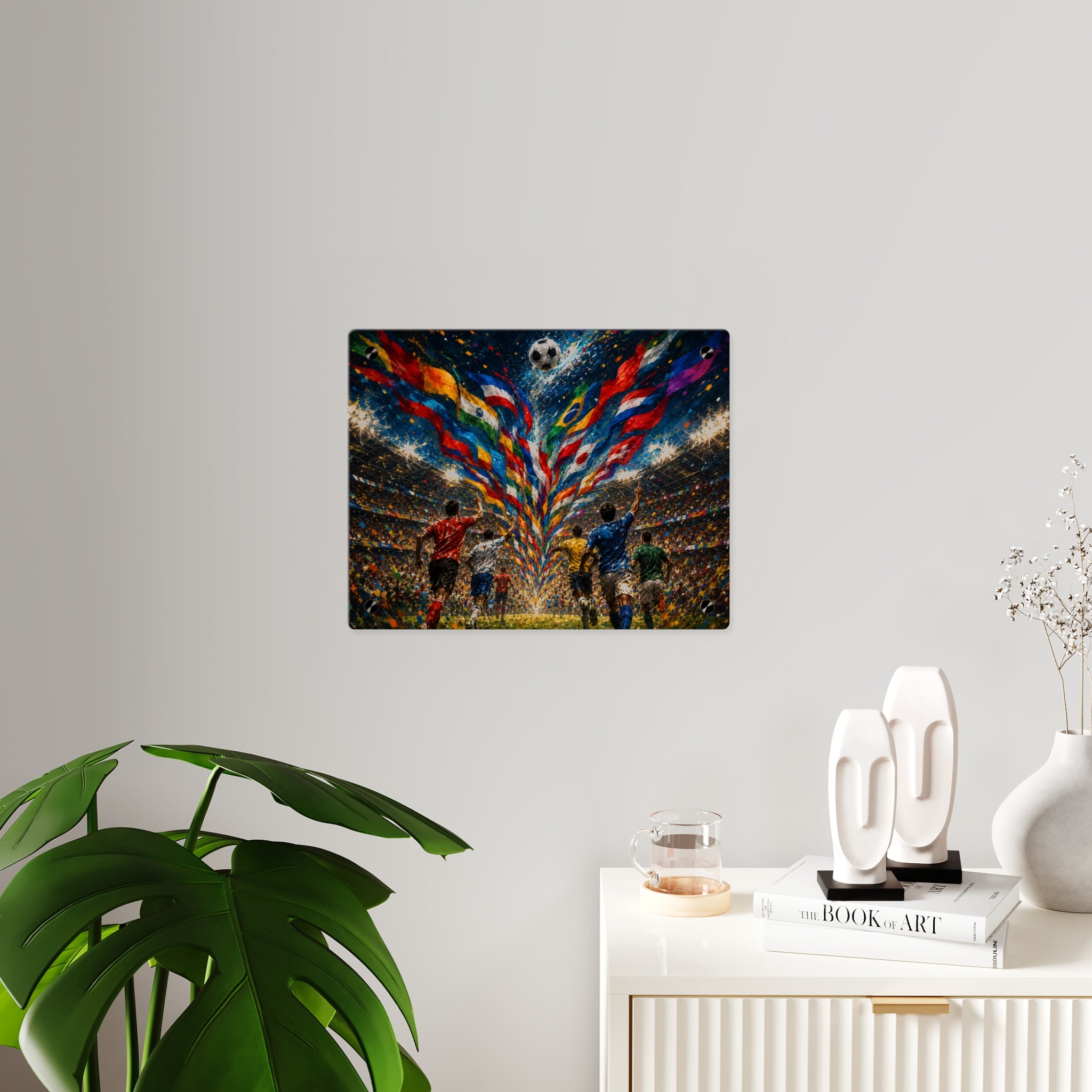 “World Soccer Passion” Acrylic Wall Art Panel — Sports Art with International Flags, Illuminated Stadium and Celebration Energy, Silver Mounting Buttons with Floating Effect, Available in 14"x11" and...