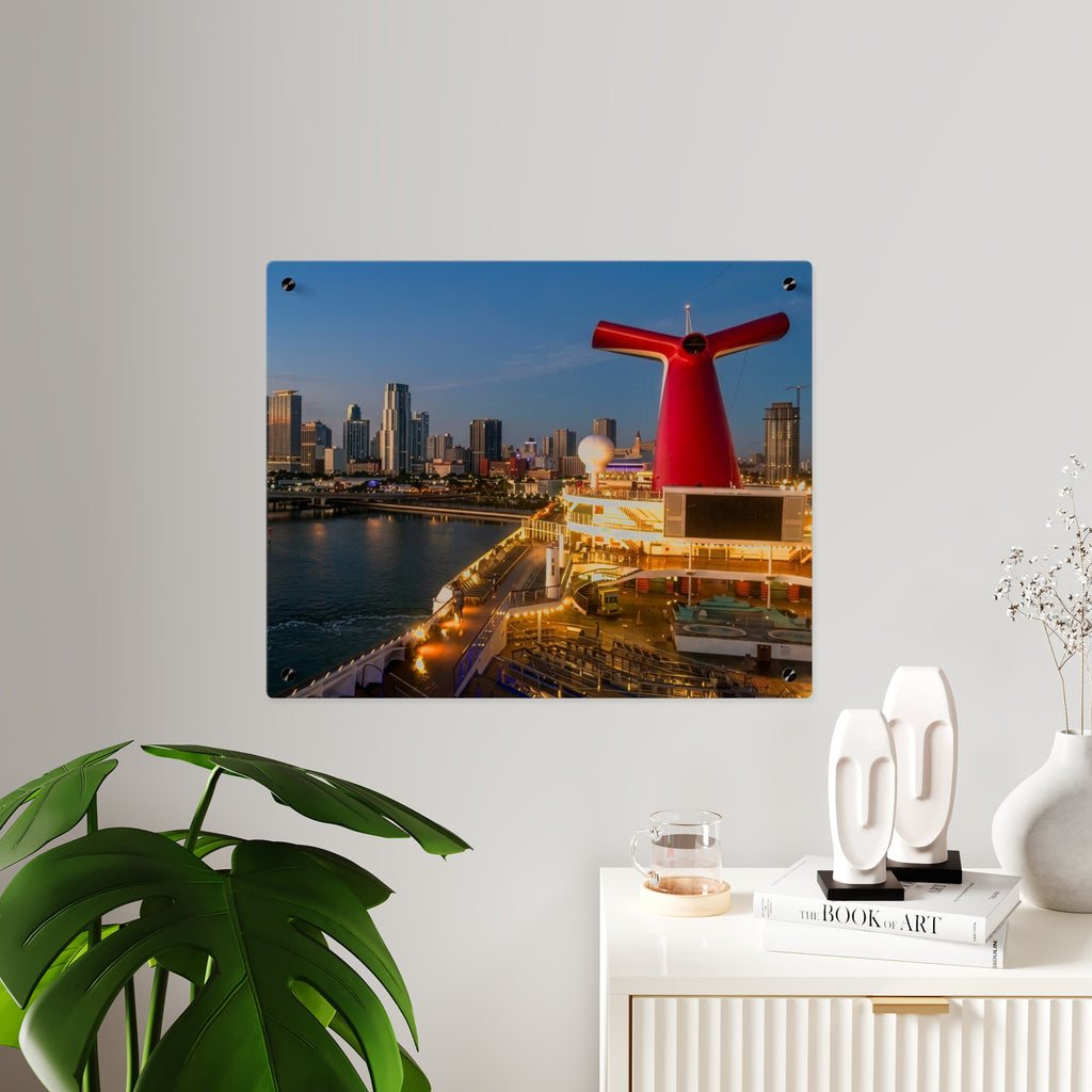 Panel de arte mural panorámico de acrílico de Miami al amanecer — Horizonte urbano, vista de la bahía y decoración de inspiración náutica, botones de montaje plateados con efecto flotante, disponible en 14"x11" y 20"x16", Envío...