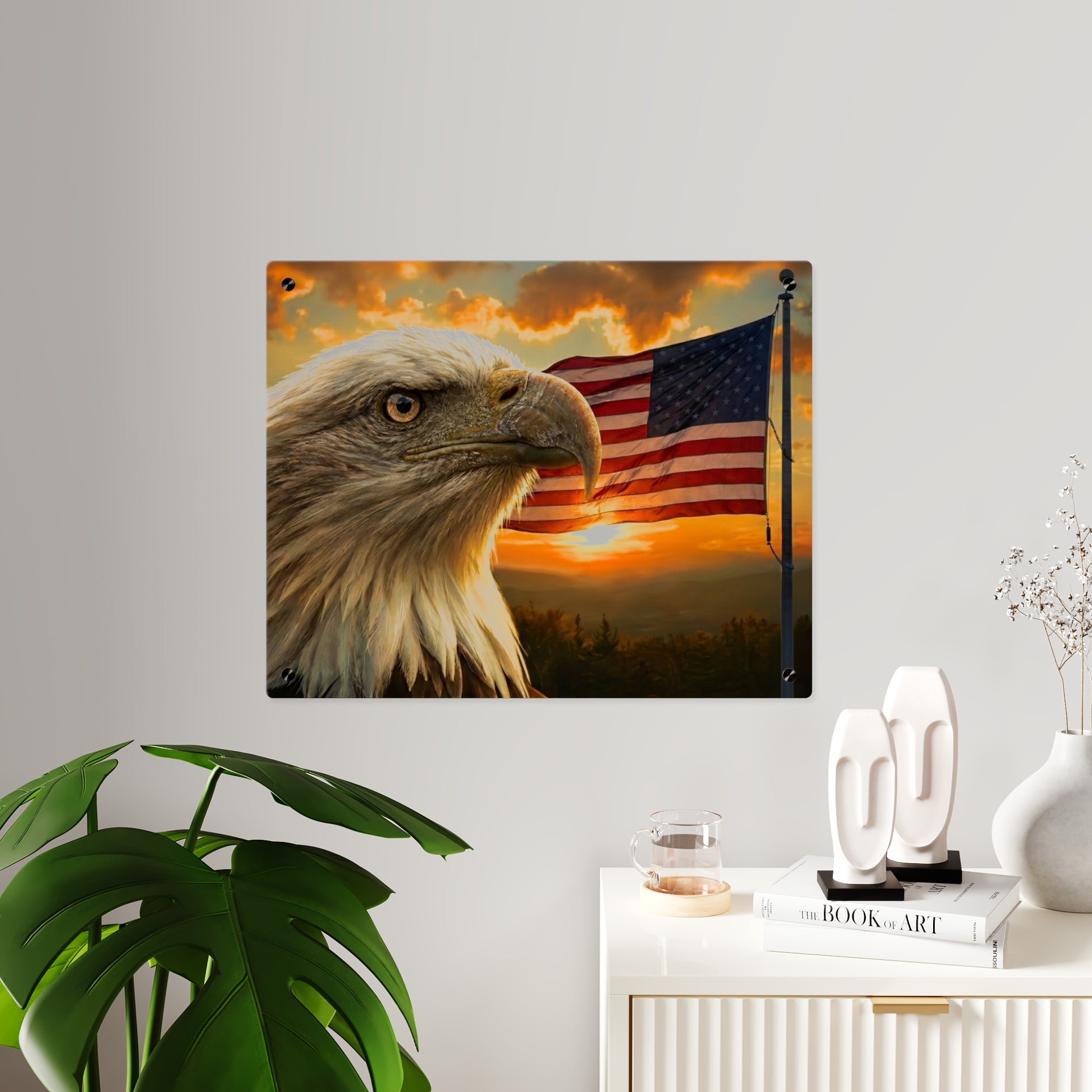 Patriotic Bald Eagle Acrylic Wall Art Panel — American Flag Decorative Art, Silver Mounting Buttons with Floating Effect, Available in 14"x11" and 20"x16", Shipping Included in the Price