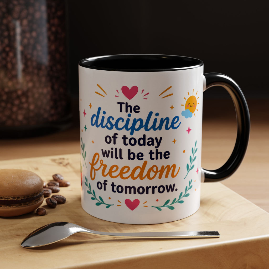 Inspirational Ceramic Mug in English — “The Discipline of Today Will Be the Freedom of Tomorrow,” Motivational Mug Available in 11 oz and 15 oz, Multiple Colors Available, Ideal Gift for Students,...