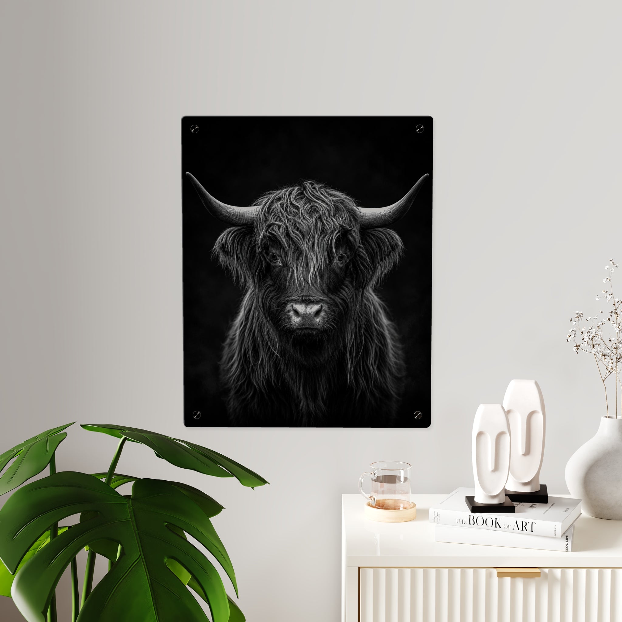 Black and White Highland Cow Acrylic Wall Art Panel — Rustic Wall Art with Modern Style, Decor for Living Room, Office or Bedroom, Available in 11" x 14" and 16" x 20", Shipping Included in the Price...