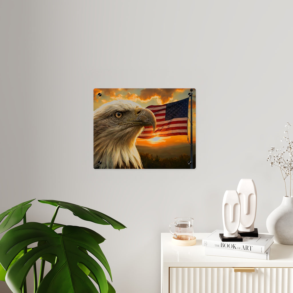 Patriotic Bald Eagle Acrylic Wall Art Panel — American Flag Decorative Art, Silver Mounting Buttons with Floating Effect, Available in 14"x11" and 20"x16", Shipping Included in the Price