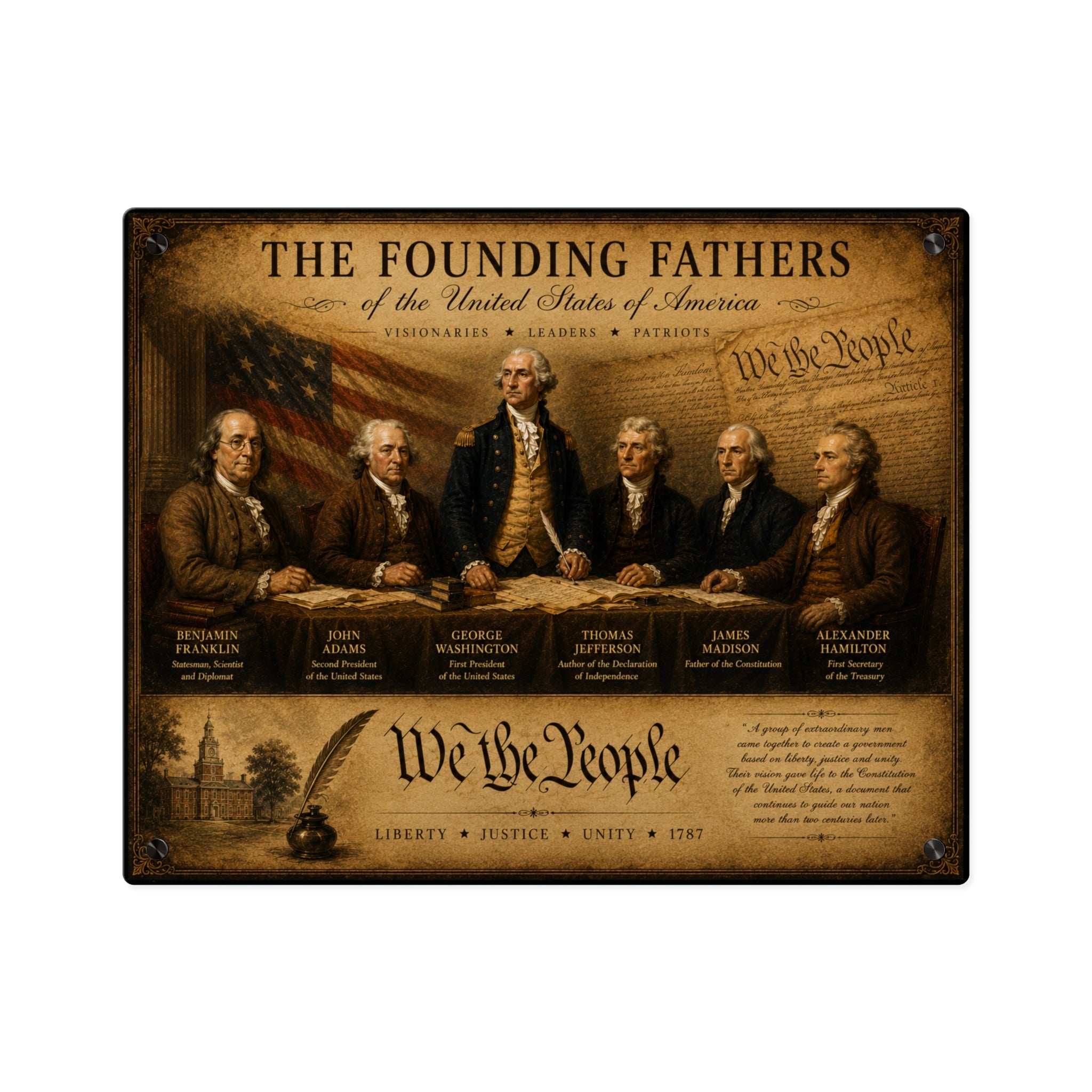 “The Founding Fathers” Acrylic Wall Art Panel with Silver Mounting Buttons — Historical Decorative Art with Floating Effect, Available in 14"x11" and 20"x16", Shipping Included in the Price