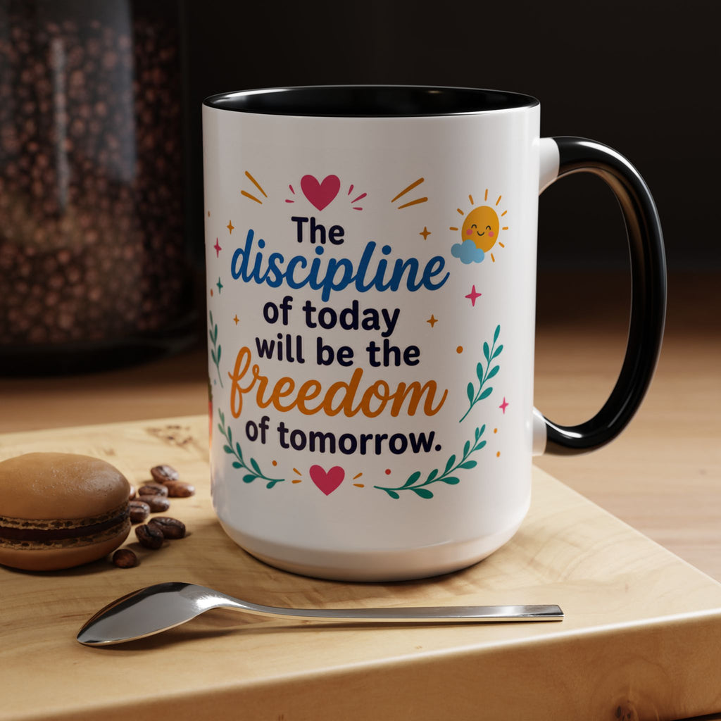 Inspirational Ceramic Mug in English — “The Discipline of Today Will Be the Freedom of Tomorrow,” Motivational Mug Available in 11 oz and 15 oz, Multiple Colors Available, Ideal Gift for Students,...