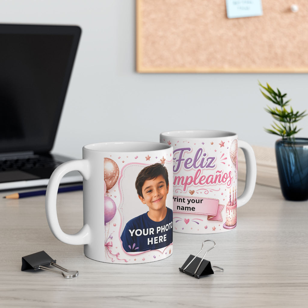 Personalized Ceramic Birthday Mug with Photo and Name — “Happy Birthday” Design, Available in 11 oz and 15 oz, Ideal Gift for Women, Friend, Mom, Wife, or Daughter, Shipping Included in the Price...