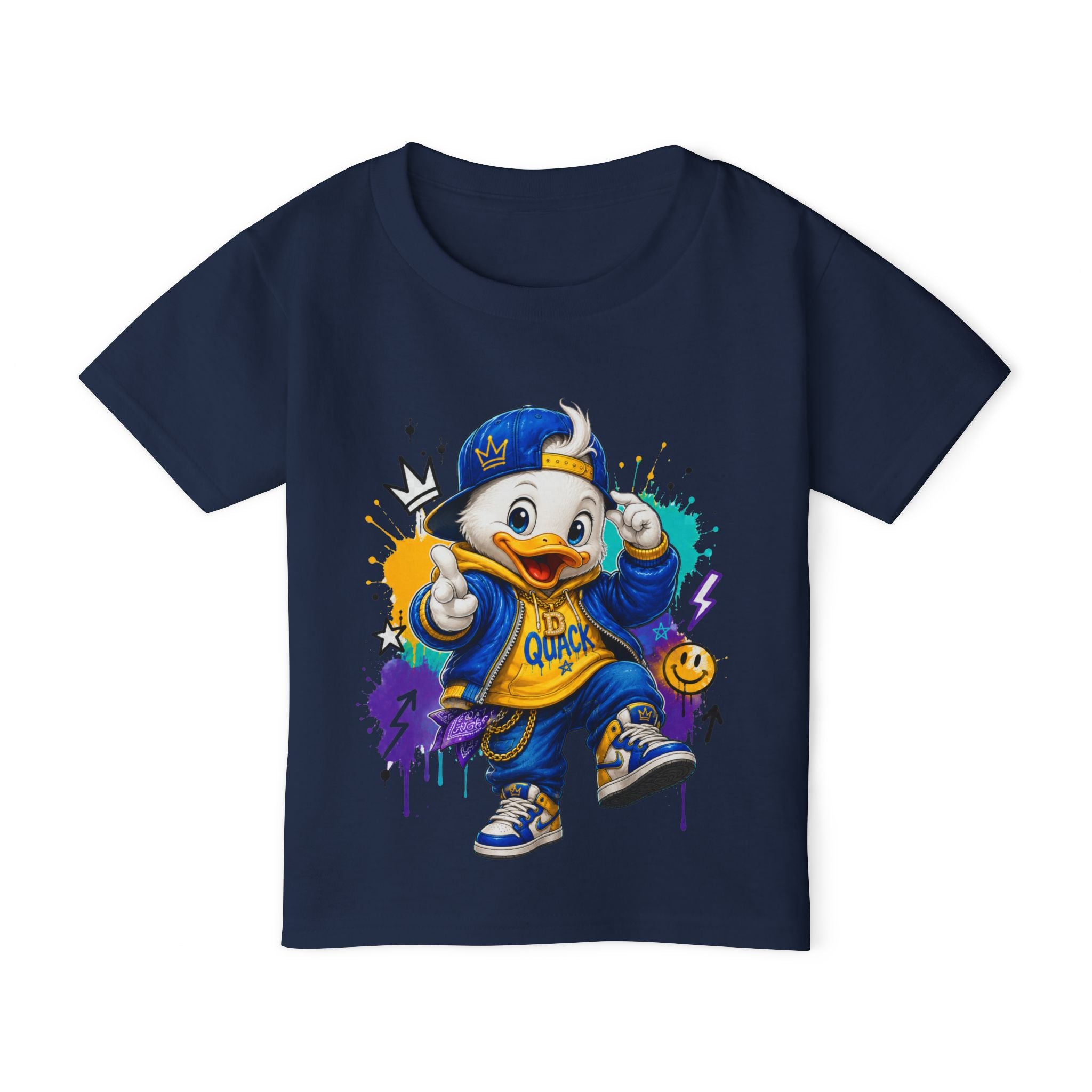 Boys’ “Hip-Hop Duck” T-Shirt — duck with urban style and a fun attitude, available in multiple colors and toddler sizes 2T, 3T, 4T, 5T, and 6T, shipping included in the price