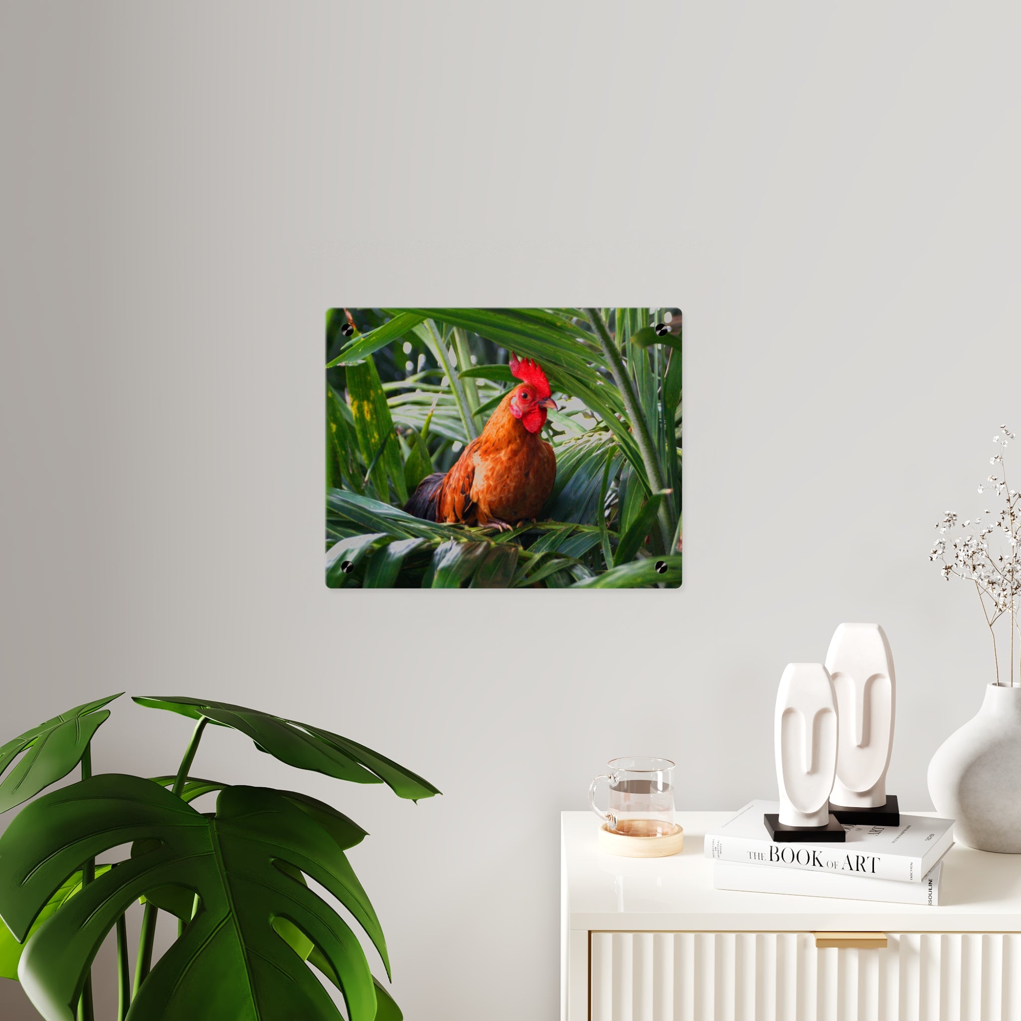Rooster in Tropics Acrylic Wall Art Panel, Colorful Farm Bird Home Décor, Premium Glossy Acrylic Print, Available in 14x11 and 20x16, Shipping Included