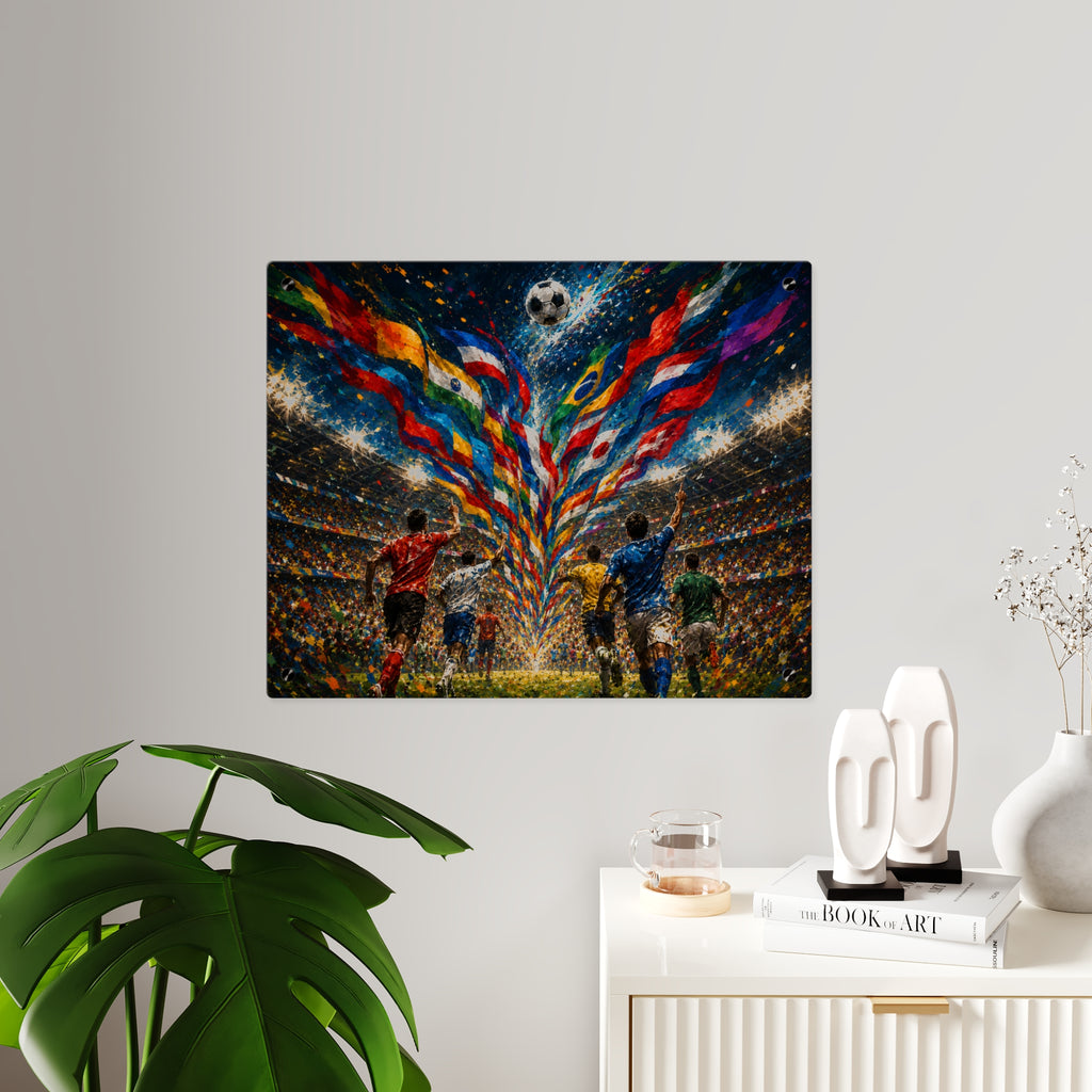 “World Soccer Passion” Acrylic Wall Art Panel — Sports Art with International Flags, Illuminated Stadium and Celebration Energy, Silver Mounting Buttons with Floating Effect, Available in 14"x11" and...