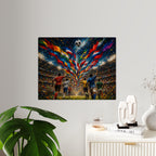 “World Soccer Passion” Acrylic Wall Art Panel — Sports Art with International Flags, Illuminated Stadium and Celebration Energy, Silver Mounting Buttons with Floating Effect, Available in 14"x11" and...