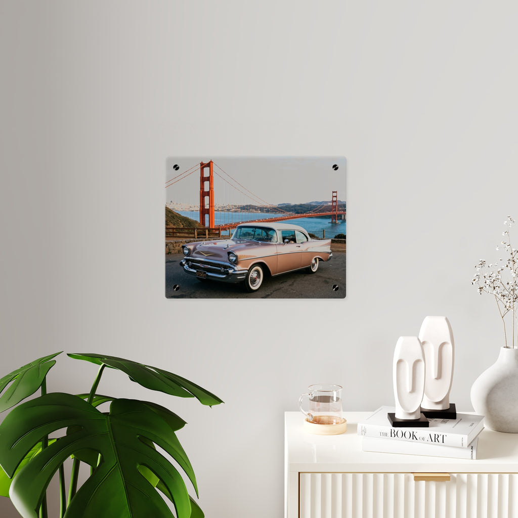 Panel de arte de pared acrílico clásico de coche antiguo, Chevrolet de los años 50 con el puente Golden Gate, impresión acrílica de pared premium, disponible en 14x11 y 20x16, envío incluido
