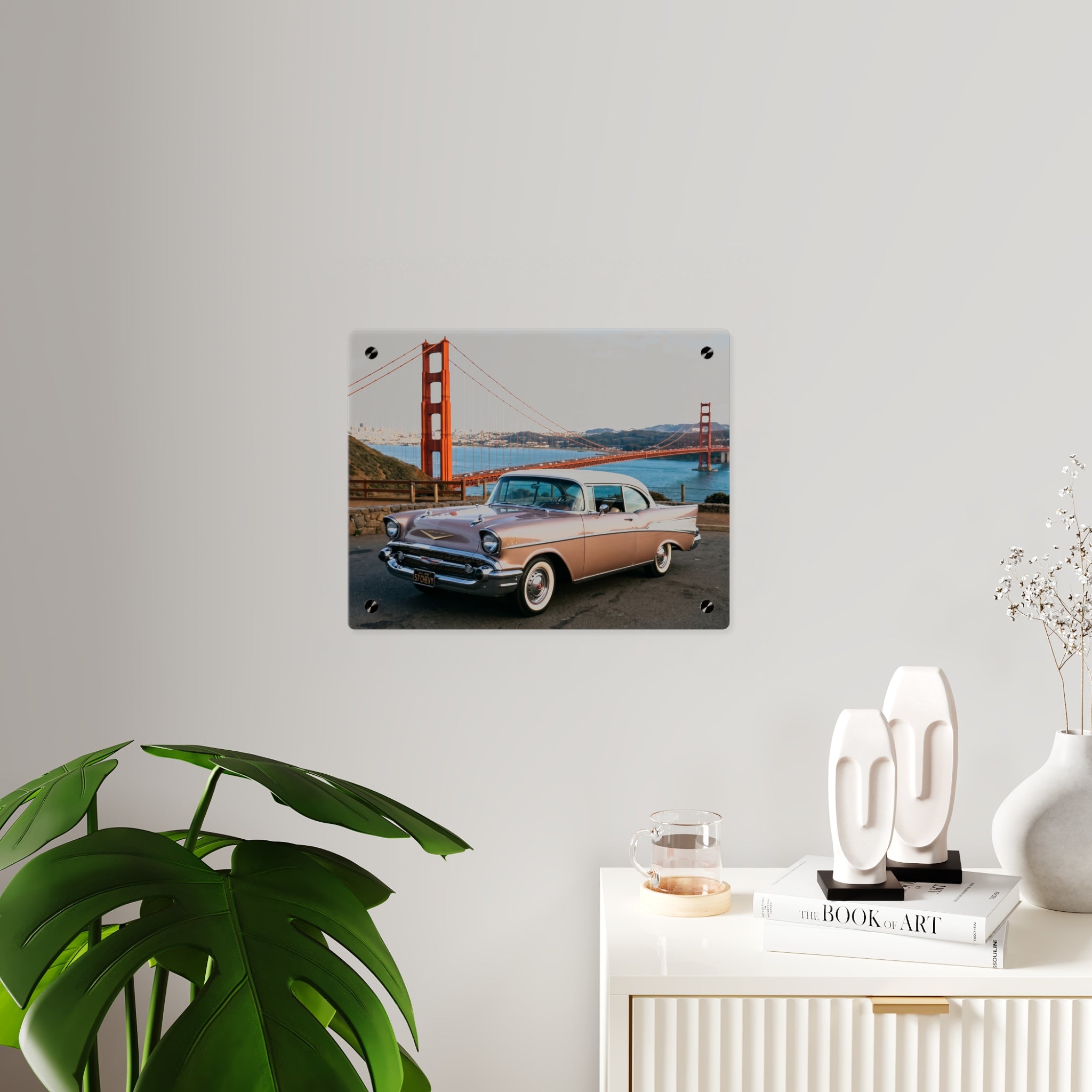 Classic Vintage Car Acrylic Wall Art Panel, 1950s Chevrolet with Golden Gate Bridge, Premium Acrylic Wall Print, Available in 14x11 and 20x16, Shipping Included