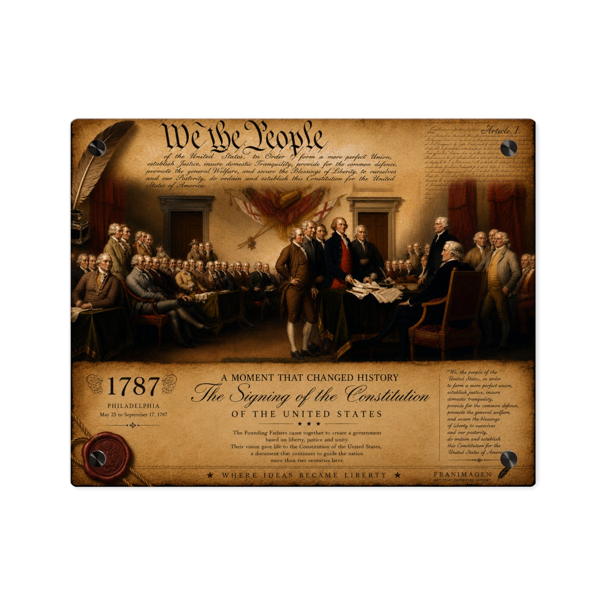 Historical Acrylic Wall Art Panel “We the People” — Signing of the United States Constitution with Silver Mounting Buttons and Floating Effect, Available in 14"x11" and 20"x16", Shipping Included in...