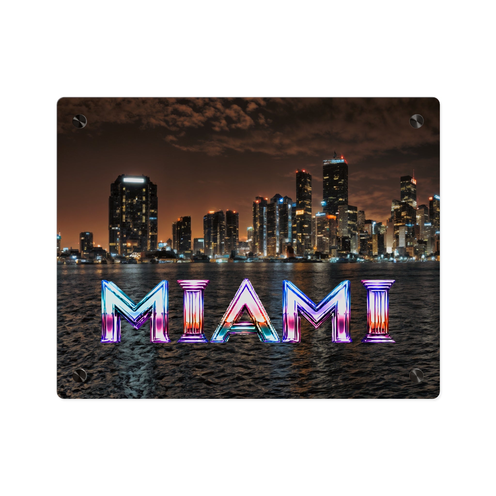 Miami Neon Skyline Acrylic Wall Art Panel, Colorful Cityscape Home Décor, Premium Acrylic Print, Available in 14x11 and 20x16, Shipping Included