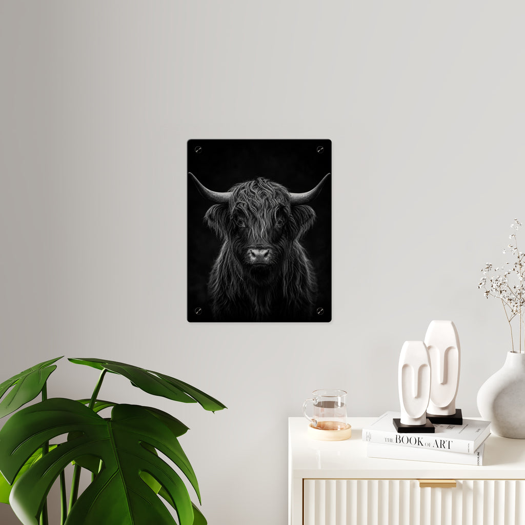 Panel decorativo de pared de acrílico con vaca de las Highlands en blanco y negro — Arte de pared rústico con estilo moderno, decoración para sala de estar, oficina o dormitorio, disponible en 11" x 14" y 16" x 20", envío incluido en el precio...