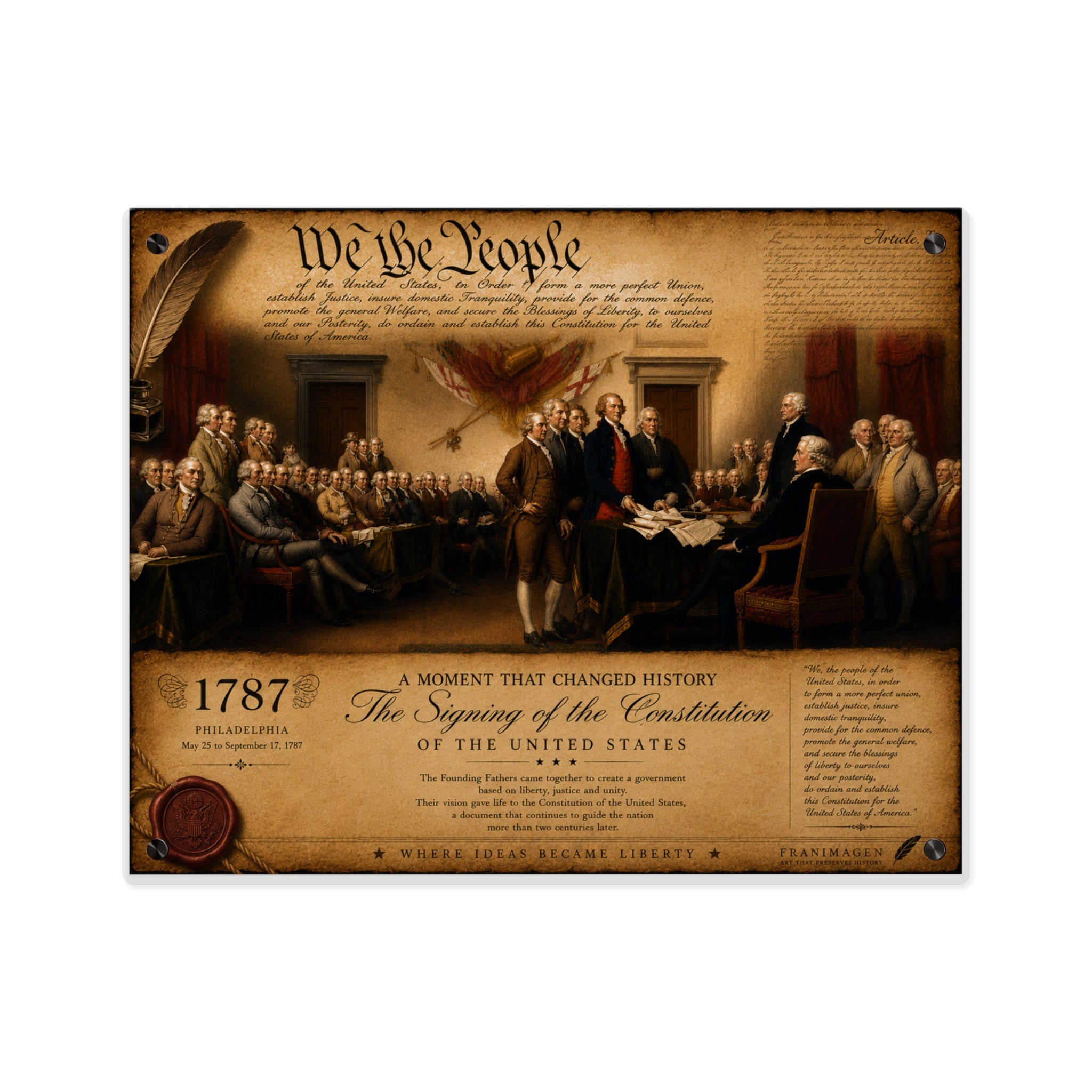 Historical Acrylic Wall Art Panel “We the People” — Signing of the United States Constitution with Silver Mounting Buttons and Floating Effect, Available in 14"x11" and 20"x16", Shipping Included in...