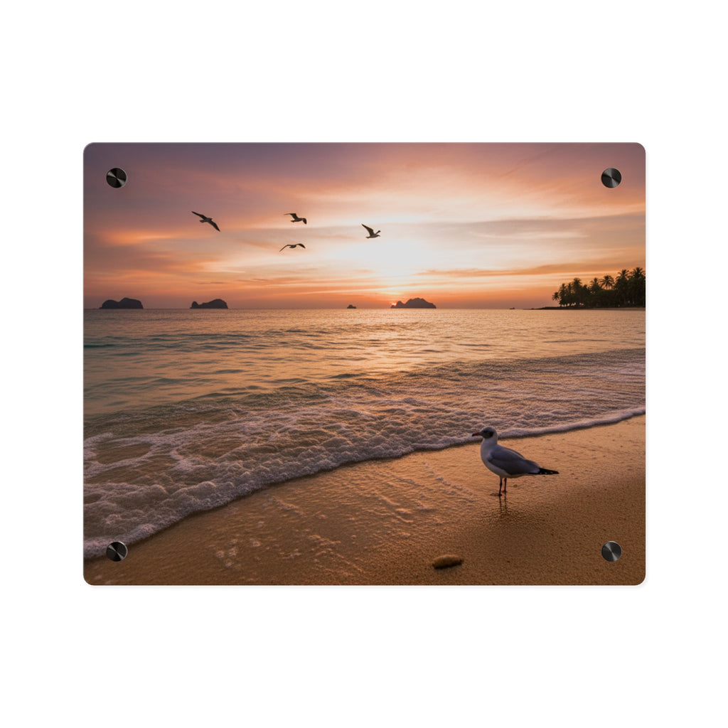 Sunset Seagull Beach Acrylic Wall Art Panel, Coastal Ocean Sunset Photography Décor, Premium Acrylic Print for Beach House, Available in 14x11 and 20x16, Shipping Included