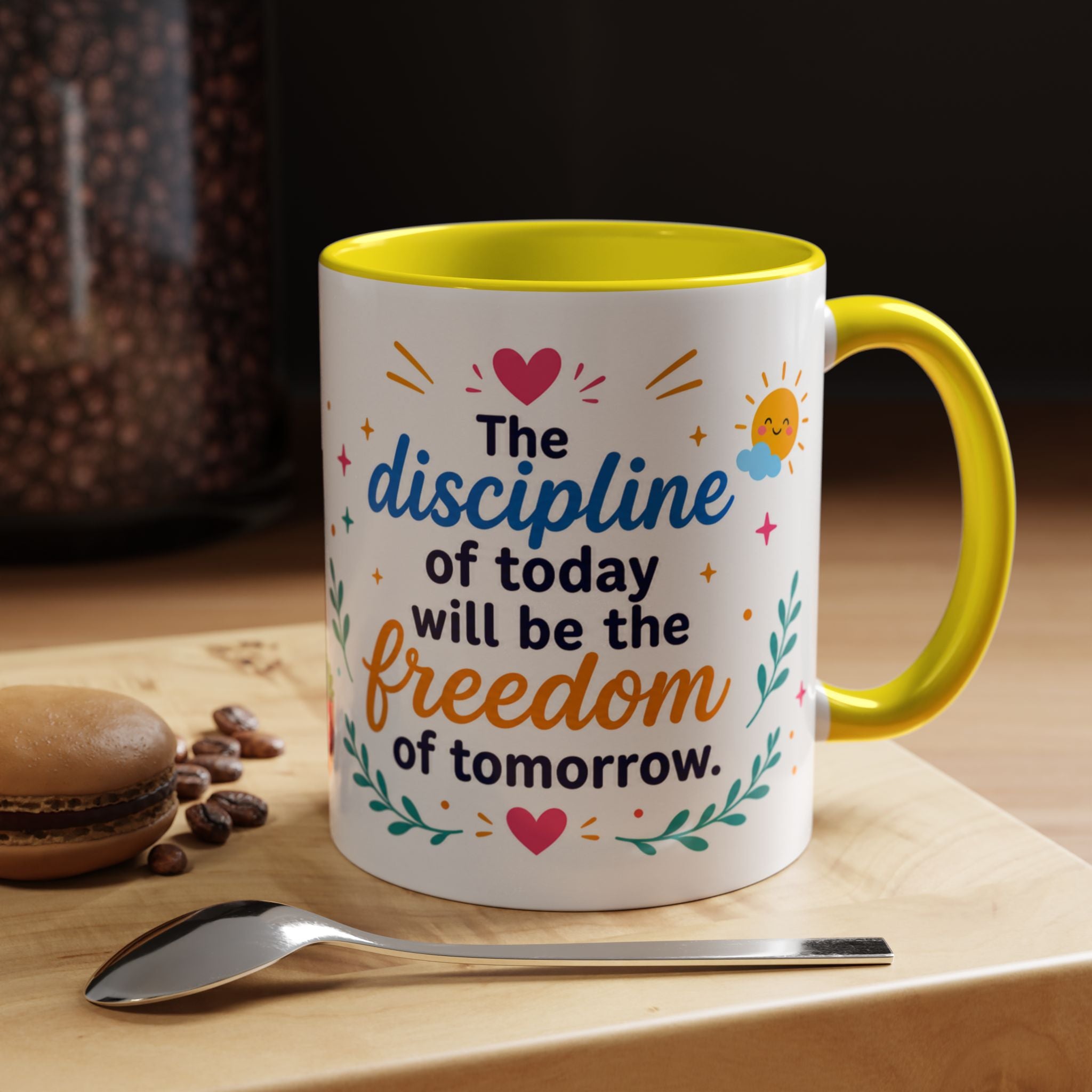 Inspirational Ceramic Mug in English — “The Discipline of Today Will Be the Freedom of Tomorrow,” Motivational Mug Available in 11 oz and 15 oz, Multiple Colors Available, Ideal Gift for Students,...