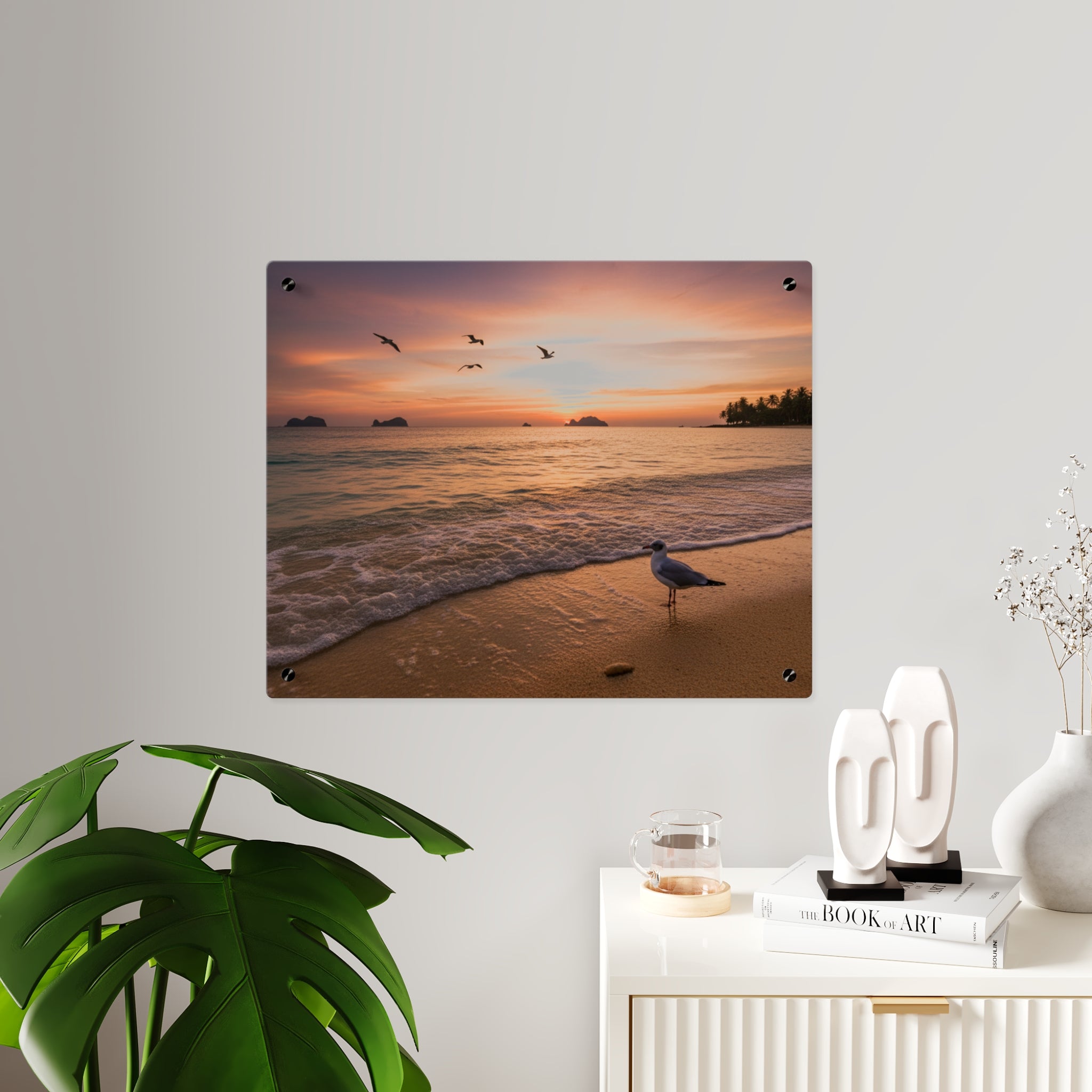 Sunset Seagull Beach Acrylic Wall Art Panel, Coastal Ocean Sunset Photography Décor, Premium Acrylic Print for Beach House, Available in 14x11 and 20x16, Shipping Included