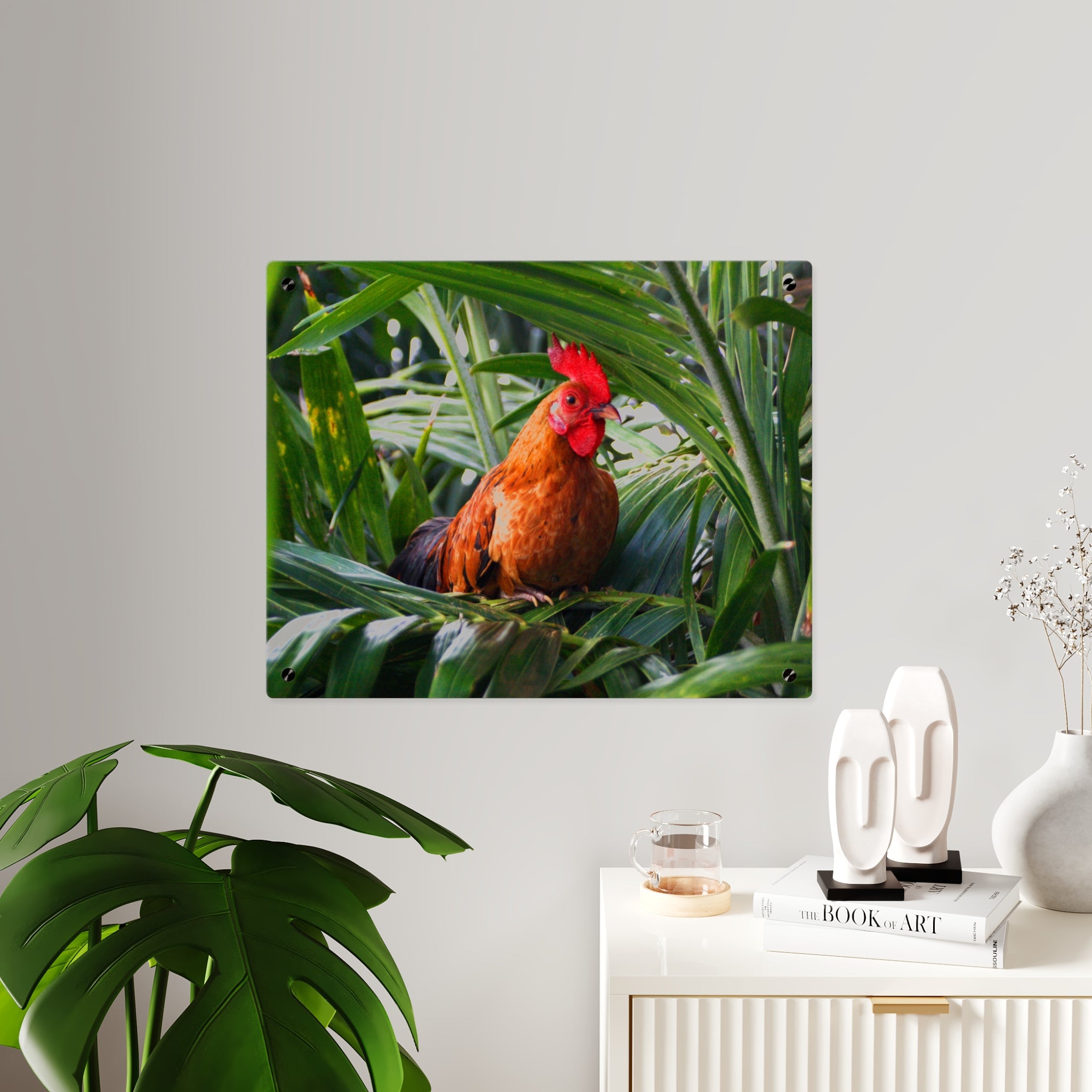 Rooster in Tropics Acrylic Wall Art Panel, Colorful Farm Bird Home Décor, Premium Glossy Acrylic Print, Available in 14x11 and 20x16, Shipping Included