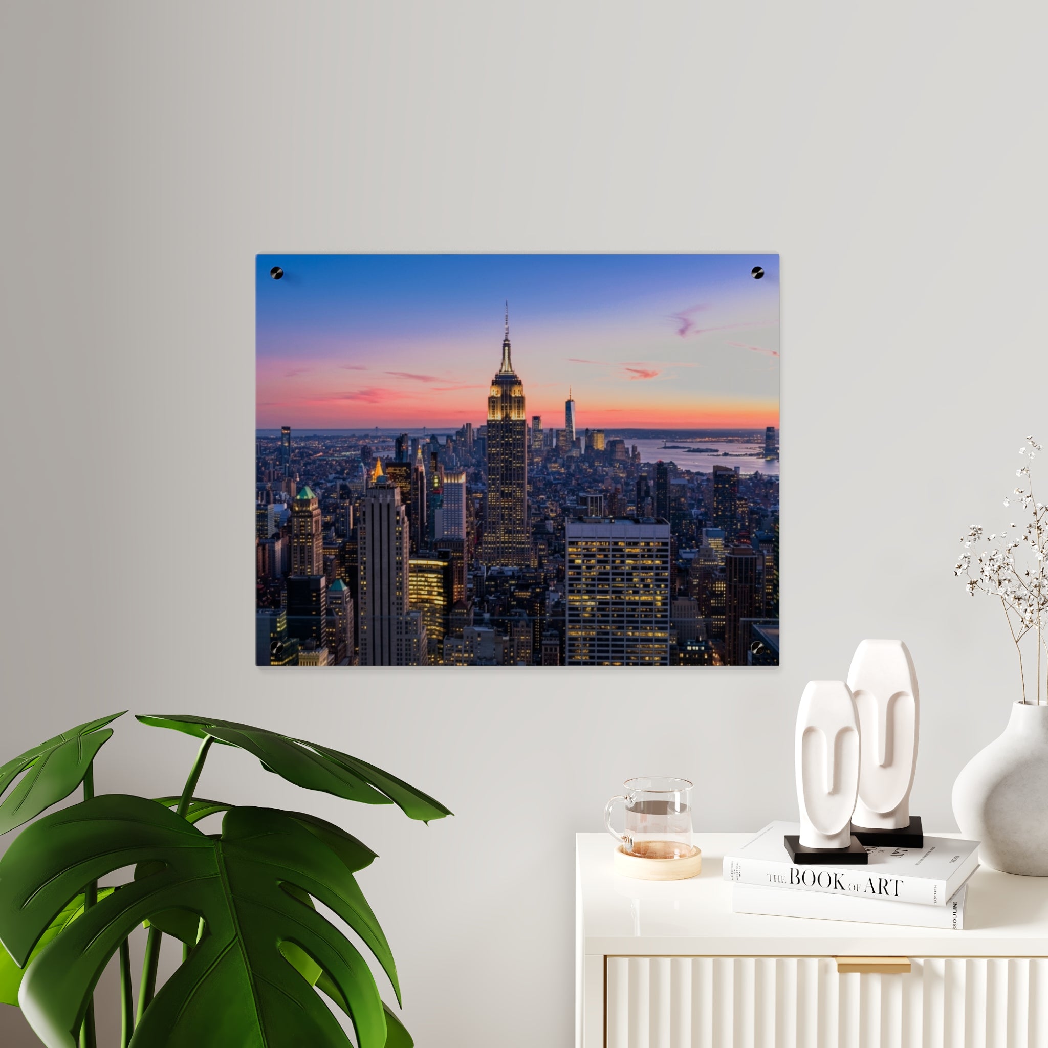 New York City Sunset Acrylic Wall Art Panel, Premium NYC Skyline Home Décor, Modern Cityscape Acrylic Print with Stand-Off Mounting, Available in 14x11 and 20x16, Shipping Included
