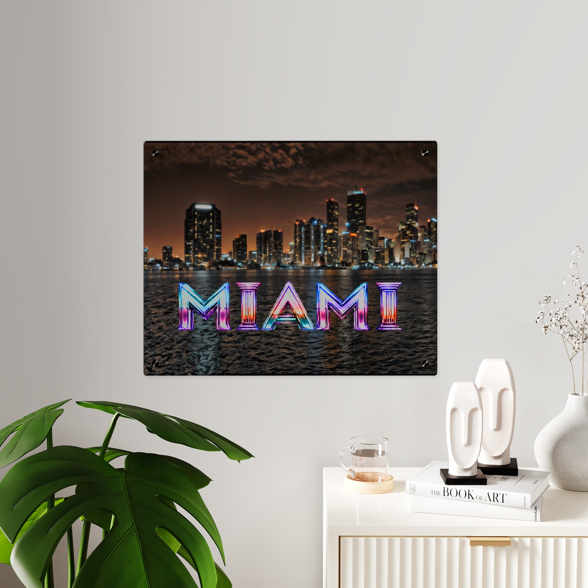 Miami Neon Skyline Acrylic Wall Art Panel, Colorful Cityscape Home Décor, Premium Acrylic Print, Available in 14x11 and 20x16, Shipping Included