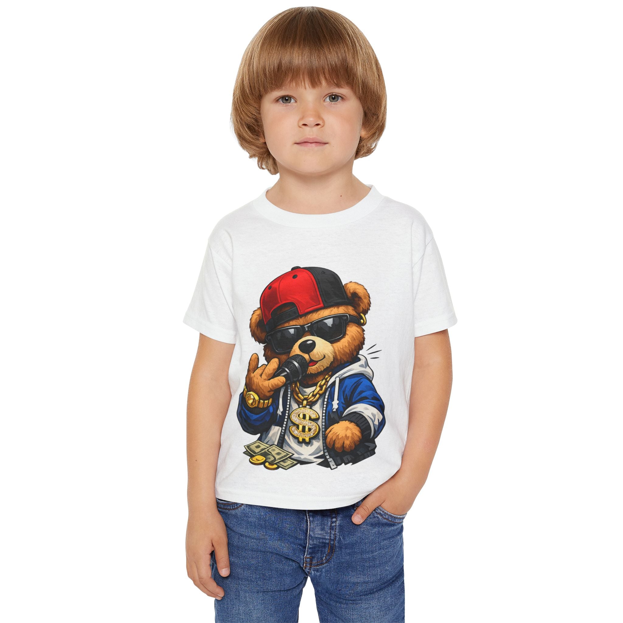 Camiseta para niños “Little Boss Bear” — osito con estilo callejero y actitud divertida, disponible en varios colores y tallas infantiles 2T, 3T, 4T, 5T y 6T, envío incluido en el precio