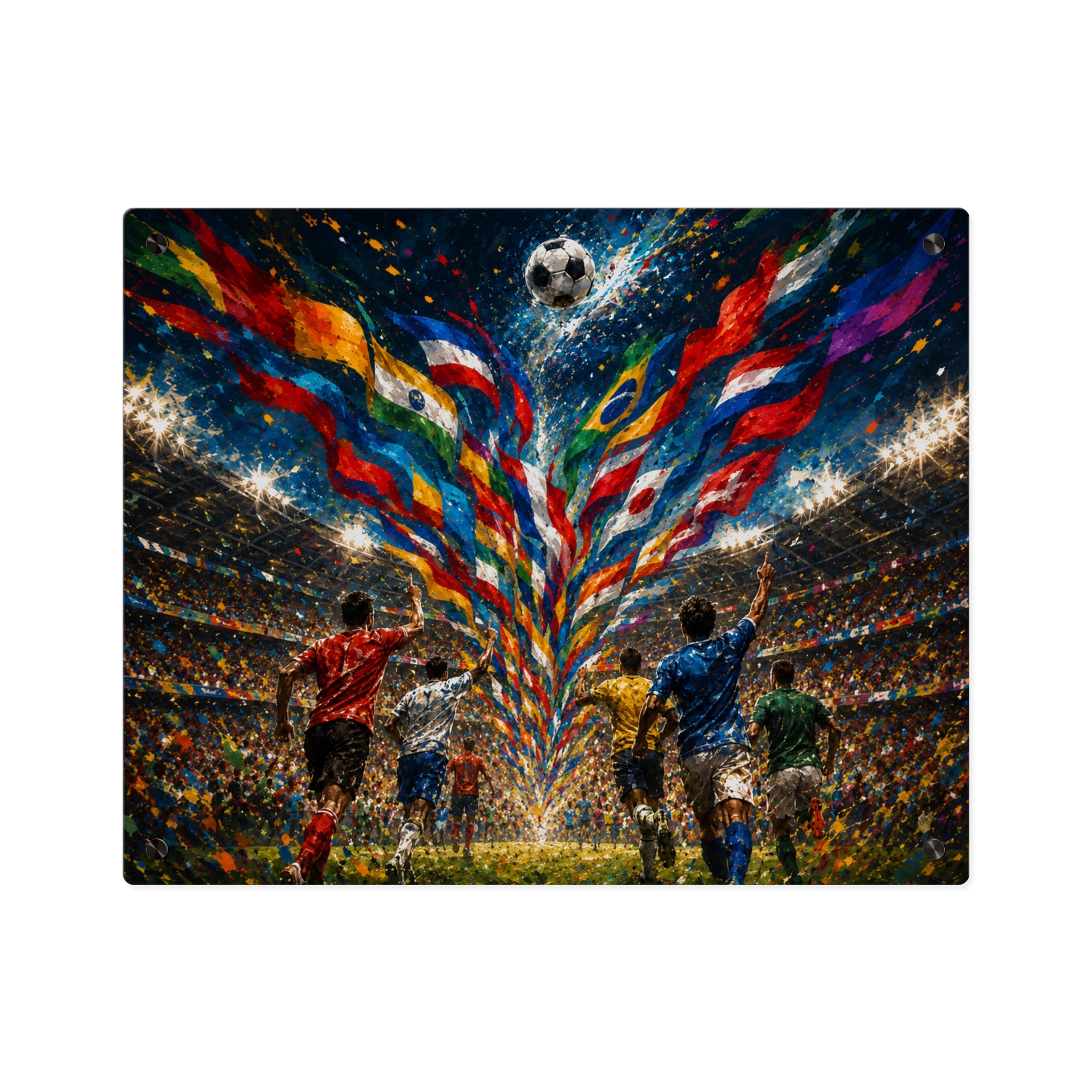 “World Soccer Passion” Acrylic Wall Art Panel — Sports Art with International Flags, Illuminated Stadium and Celebration Energy, Silver Mounting Buttons with Floating Effect, Available in 14"x11" and...