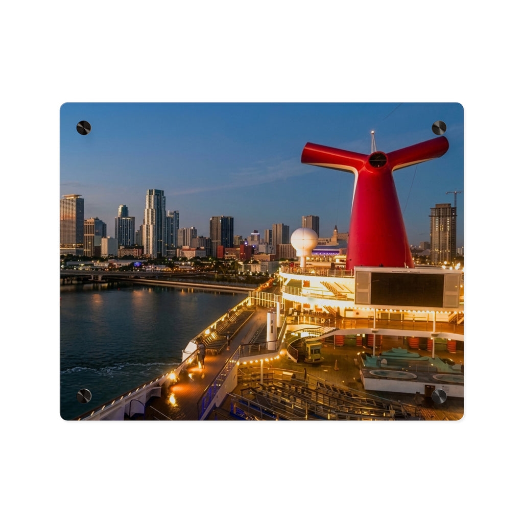 Panel de arte mural panorámico de acrílico de Miami al amanecer — Horizonte urbano, vista de la bahía y decoración de inspiración náutica, botones de montaje plateados con efecto flotante, disponible en 14"x11" y 20"x16", Envío...