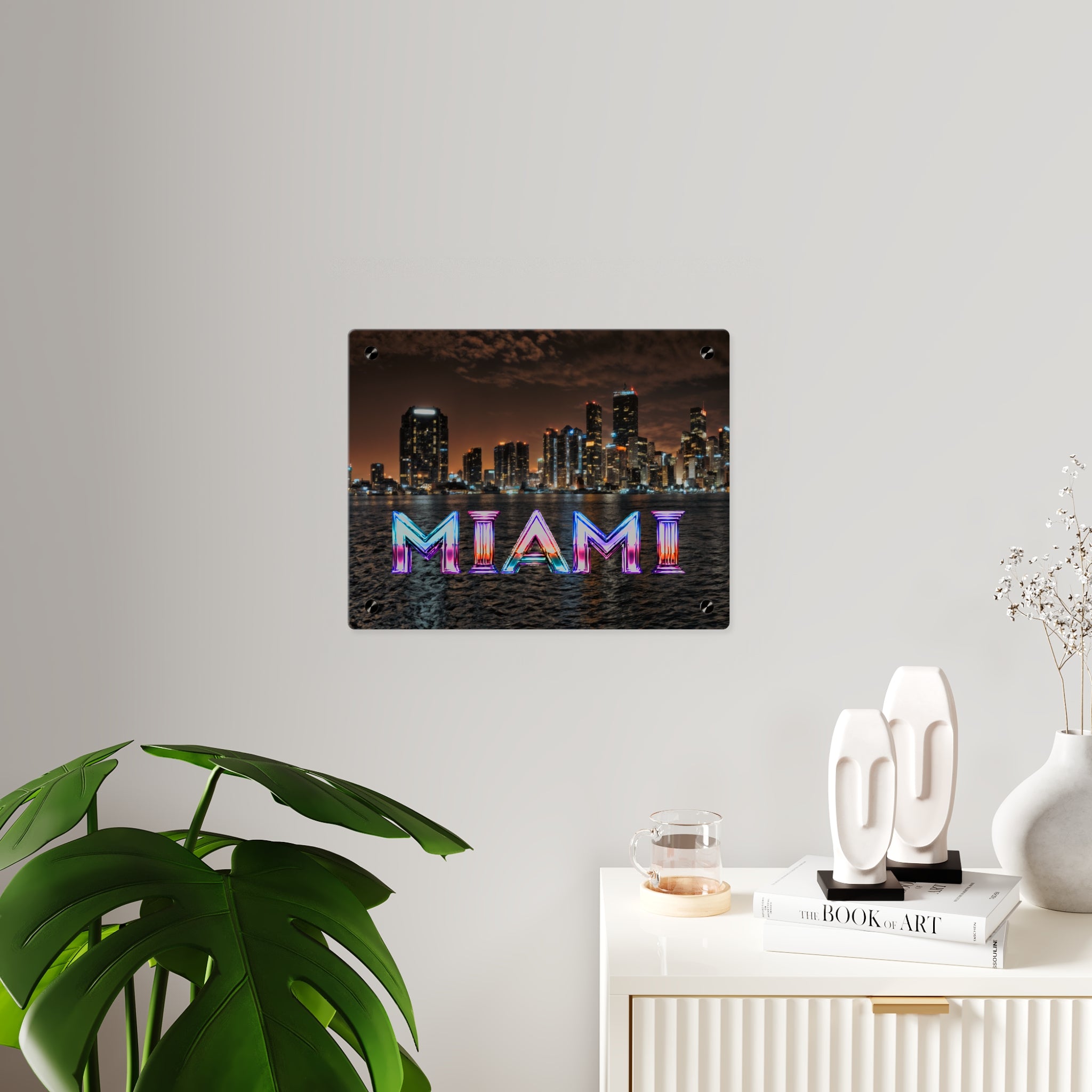 Miami Neon Skyline Acrylic Wall Art Panel, Colorful Cityscape Home Décor, Premium Acrylic Print, Available in 14x11 and 20x16, Shipping Included