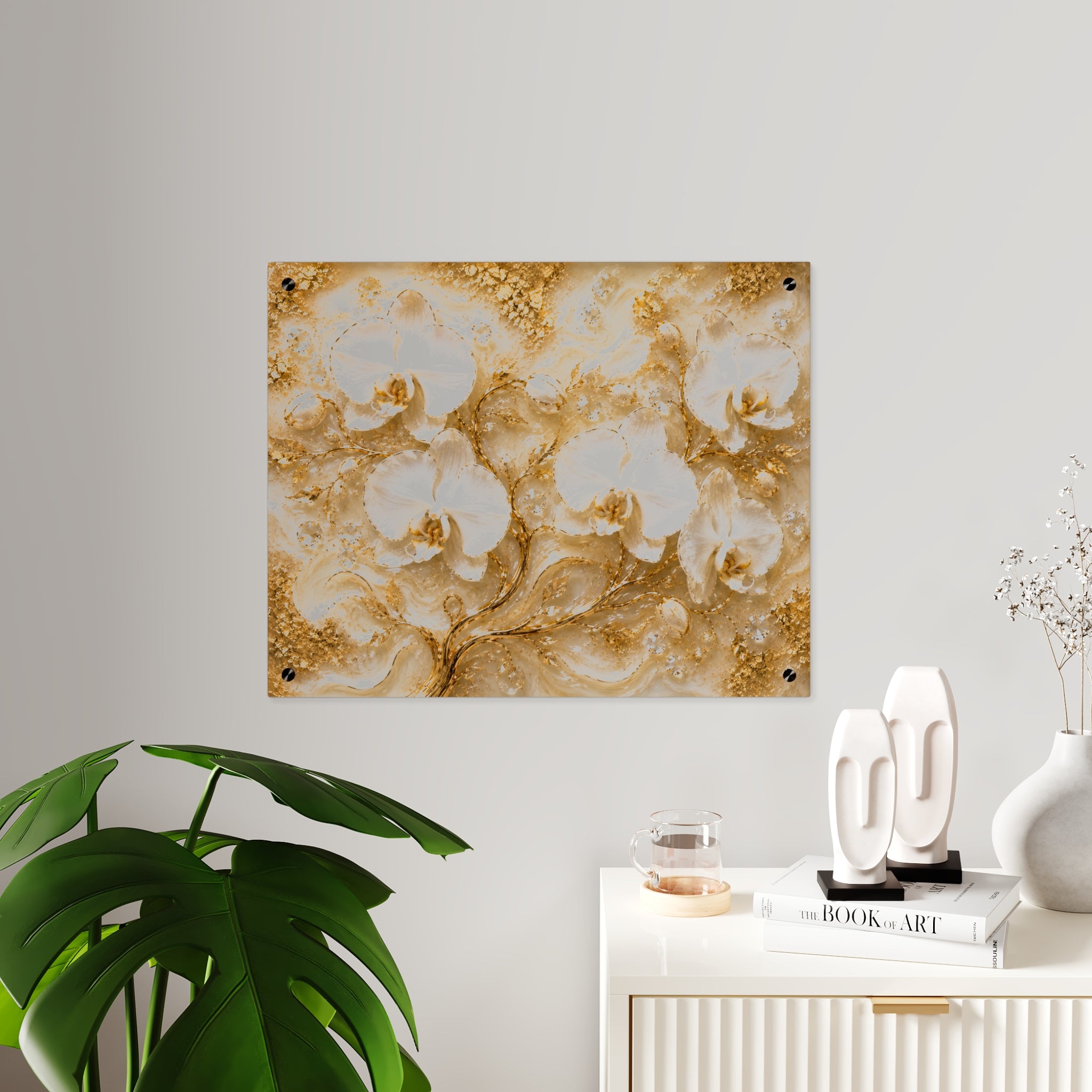 Gold Orchid Acrylic Wall Art Panel  Elegant Luxe Floral Wall Decor, Modern Decoration for Living Room, Bedroom or Office, Available in 14" x 11" and 20" x 16", Shipping Included in the Price